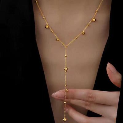 Meichen 18K Gold-Plated Long Tassel Bead Necklace - Stainless Steel Pendant for Women
