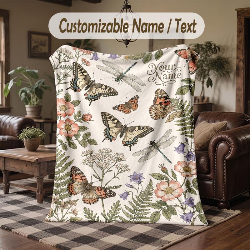Butterflies Dragonflies Garden 2 Theme Throw Blanket Custom Name Text Personalized Blanket Soft Cozy Blanket for Home Sofa Bed