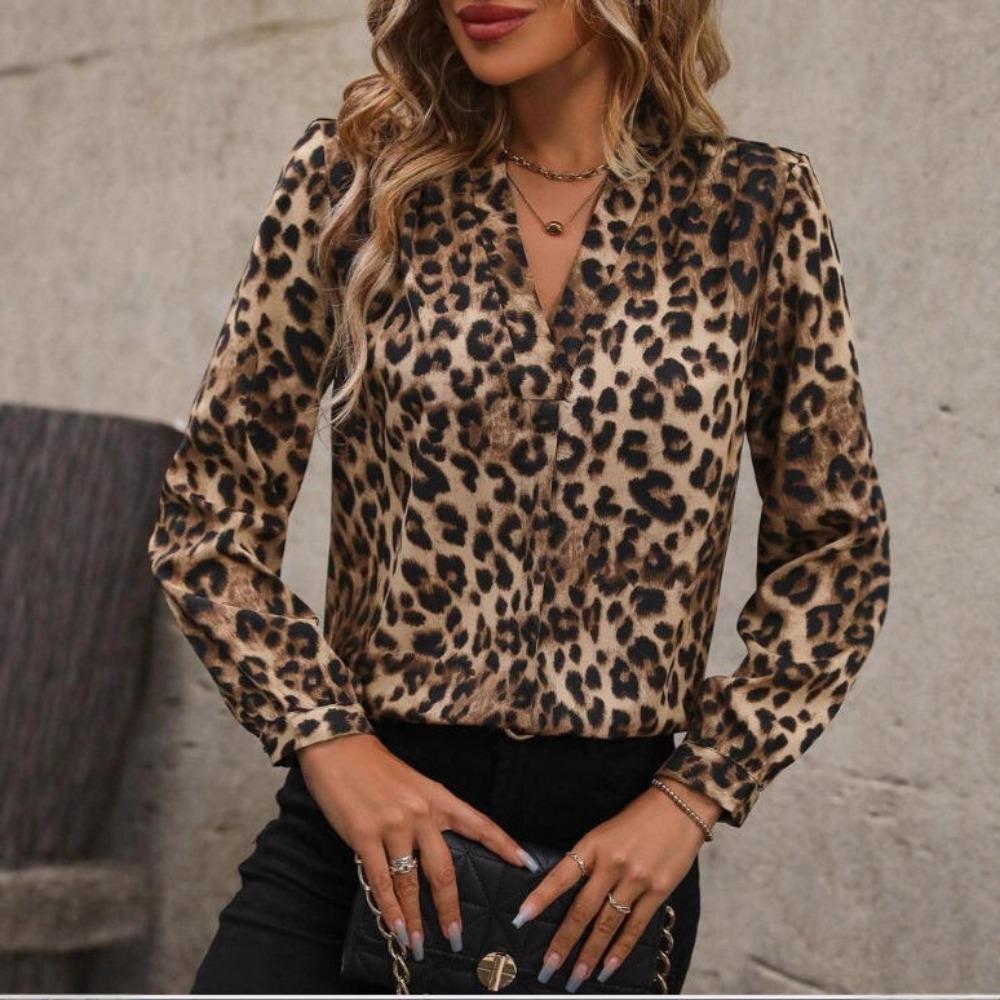 Women's V Neck Long Sleeve Leopard Print Blouse Loose Fit Casual Top for Sprint Daily Wear