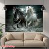 Powerful Galloping Horses Tapestry, Black and White Horses Charging Through Water with Splashes, Dramatic Equestrian Wall Art