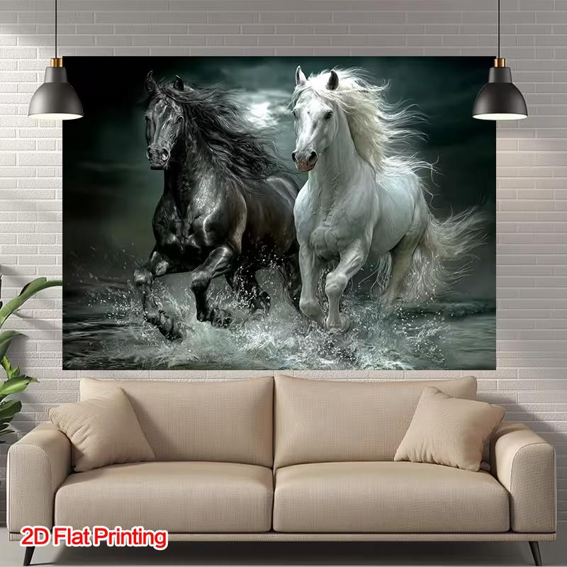 Powerful Galloping Horses Tapestry, Black and White Horses Charging Through Water with Splashes, Dramatic Equestrian Wall Art