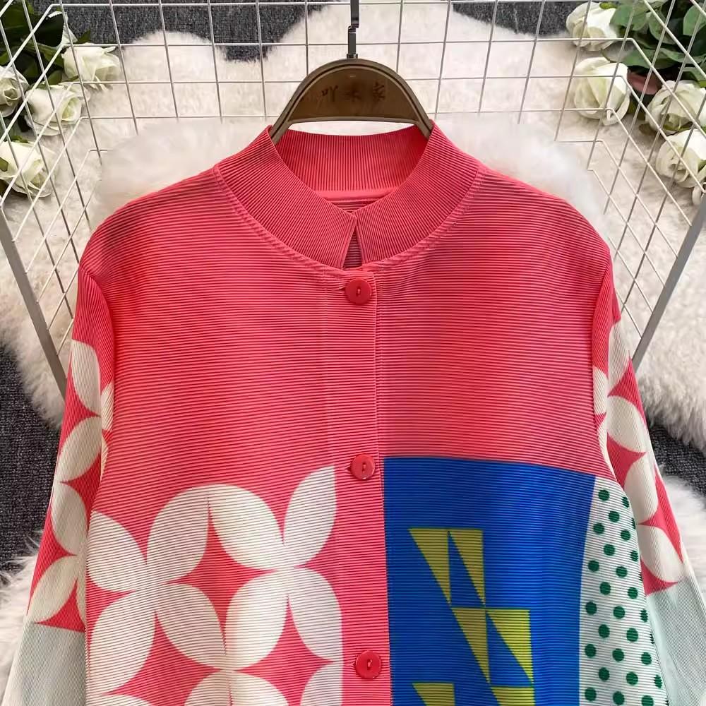 Autumn Spring Fashion Print Colorblock Oversized Loose Shirt Dresses Women's Single Breasted Draped Pleated Party Miyake Clothing