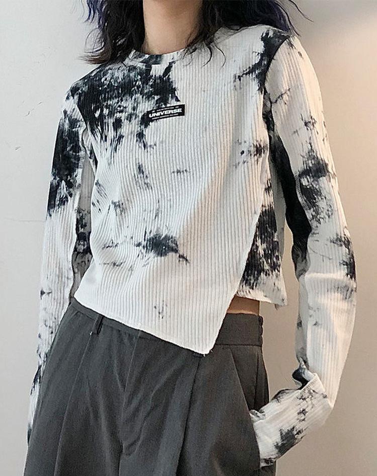 

Y2k Tie Dye футболки женские корейские укороченные футболки High Street тонкие укороченные топы с длинными рукавами Kpop Skinny