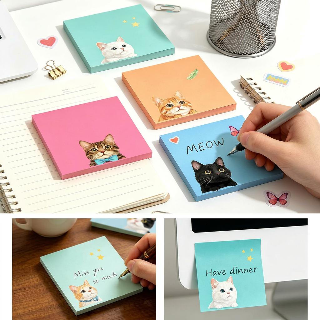 Cute Printed Self-Adhesive Memo Pads 9 Pack, 50 Sheets Per Pad Small Sticky Notes For Office School Note Taking