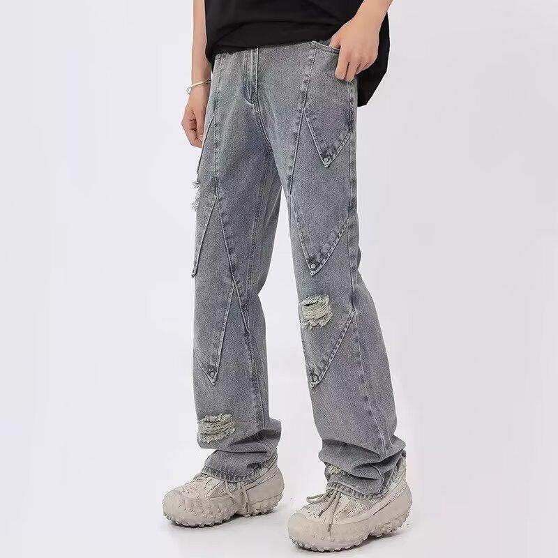 JYL Mens Jeans Plaid Elastic Waist Teen Loose Wide Leg Straight Denim