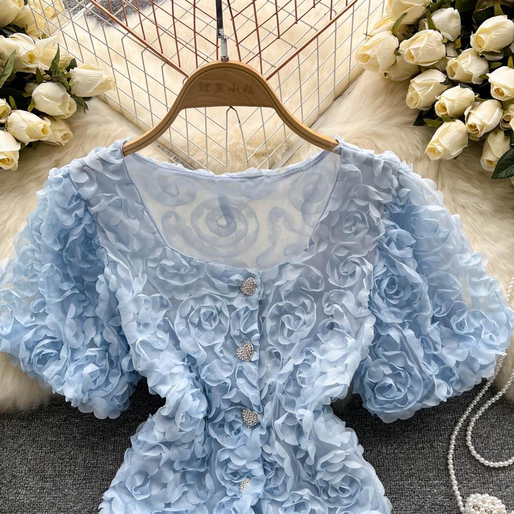 RUGOD Niche Design Sense Mesh Flower Kort Temperament-skjorte for kvinner Sommer Ny Slim Enkeltspente All-Match-topp