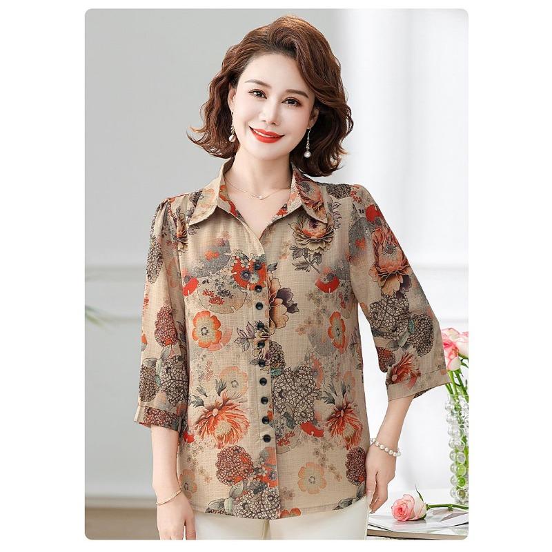 Women's Floral Print 3/4 Sleeve Blouse Turn-Down Collar Button Down Casual Loose Elegant Summer Tops Middle-Aged