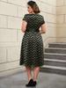 Print O Neck Short Sleeve Lace-Up High Waist A Line Mid-Calf Dress Elegant Vintage Style Dress for Women Party Outfit