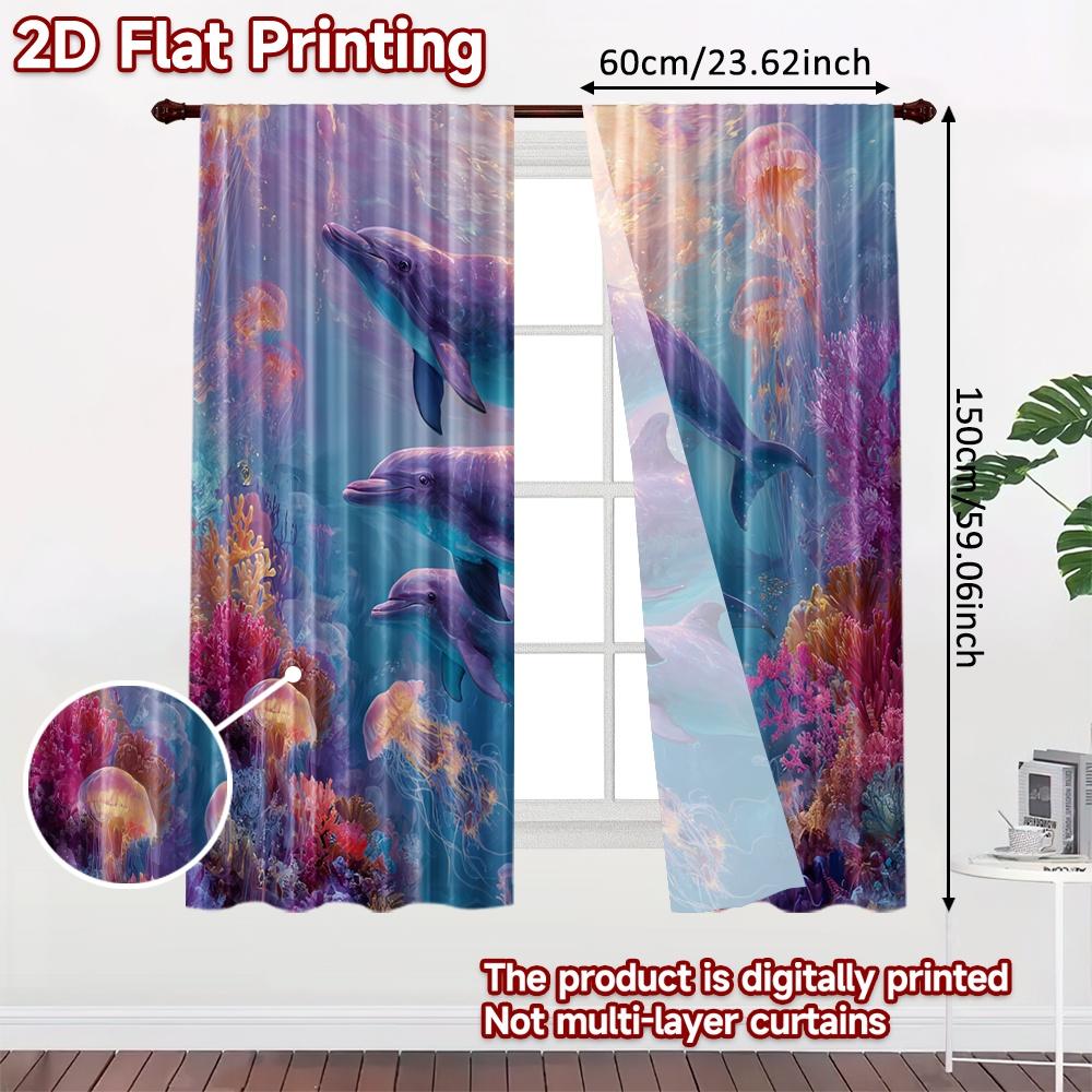 2pcs, 2D FLAT PRINTING Curtains (Without Rod) Ocean Paradise(1) Digital Printing On Holiday Curtains Yarn Curtains Decorations