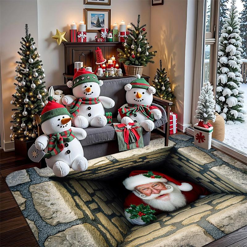3D Nikolaus Spähend Fußmatte Lustiger Tunnel-Illusion Teppich, Rutschfester Maschinenwaschbarer Gepolsterter Türteppich für Feiertagsdekoration
