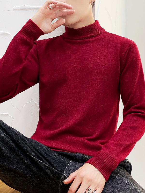 Men's Slim Fit Wool Sweater - Autumn & Winter Half-High Collar Knit Base Layer, Solid Color Trendy Design