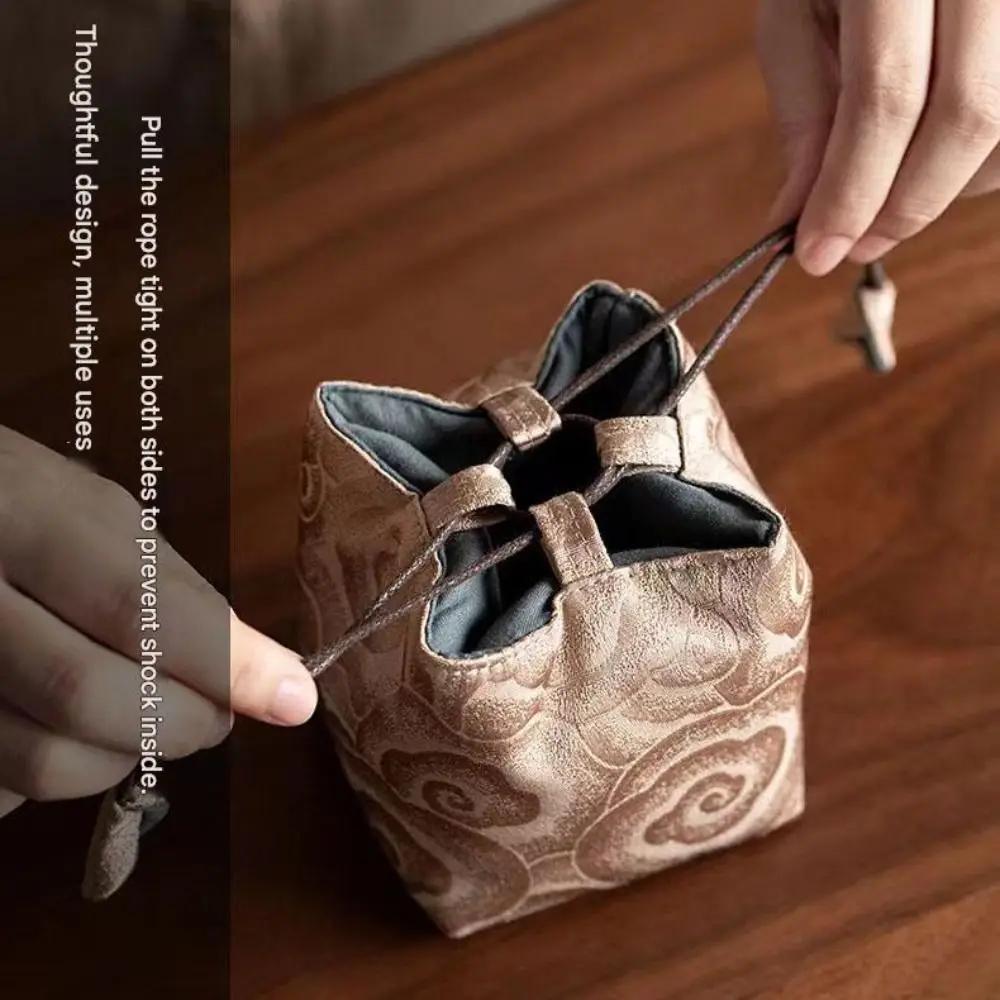 New Chinese Style Tea Set Storage Bag Thickened Embroidered Candy Storage Bag Portable Teapot Cloth Pouch Teacup Drawstring Bag