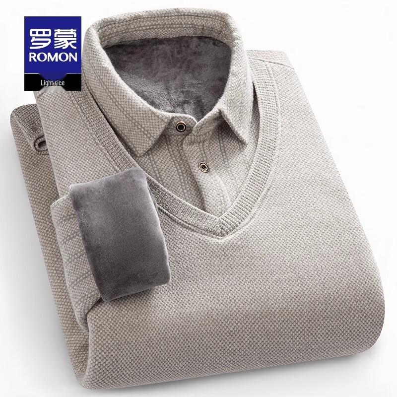 

ROMON Men s Striped Fleece-Lined Faux Two-Piece Shirt Collar Knit Sweater 2XL