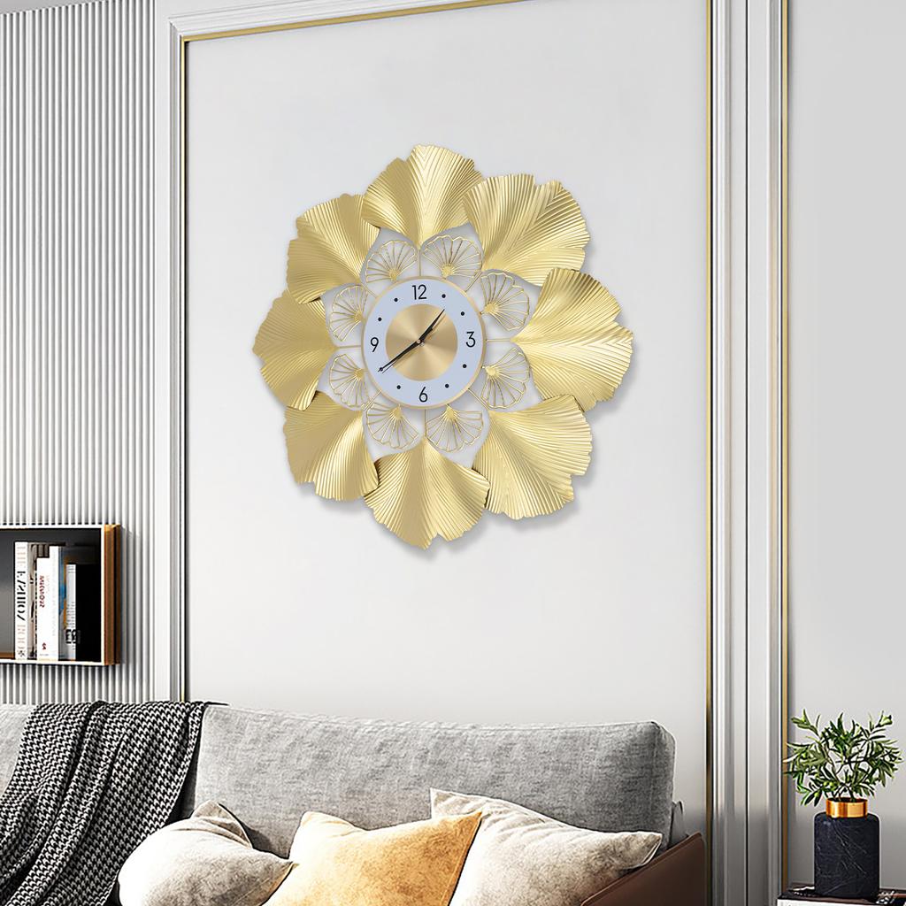 Scandinavian Gold Ginkgo Leaf Wall Clock, 30cm Silent Non-Ticking Battery Operated, Luxury Home Office Decor
