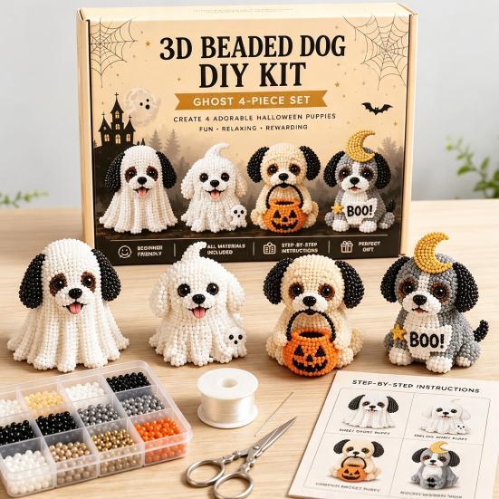 Crafts for Cat Dog Lovers 3D Halloween DIY Art Set, Beaded Puppy Craft Kit, Cute Funny Animal Theme Crafting Set Kit Beginners Adults, Home Desk Decor
