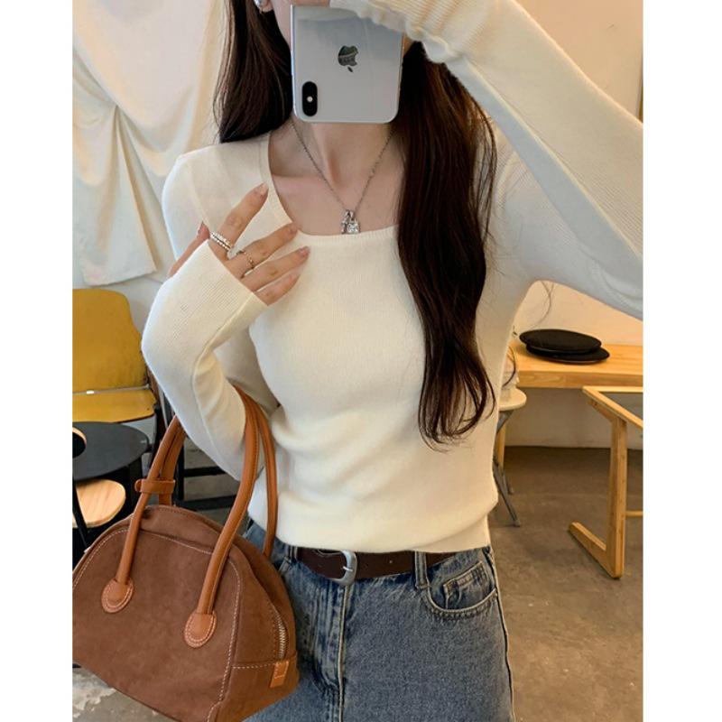 LIMEIZI Korean Style Square Neck Slim Fit Knit Sweater for Women - Autumn/Winter Fashion Base Layer
