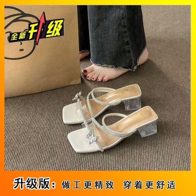 One Word with Sandals with Skirt Square Head Transparent Crystal Thick Heel High Heels Wear Rhinestone Butterfly Versatile Slippers 2025