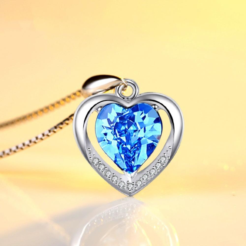 Blue Crystal Heart Pendant Necklace Eternal Love Jewelry for Women