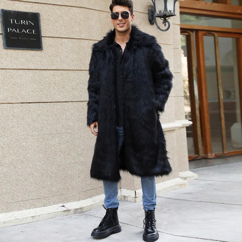 Mens Faux Fur Coat Warm Winter Long Overcoat Black Fox Jacket
