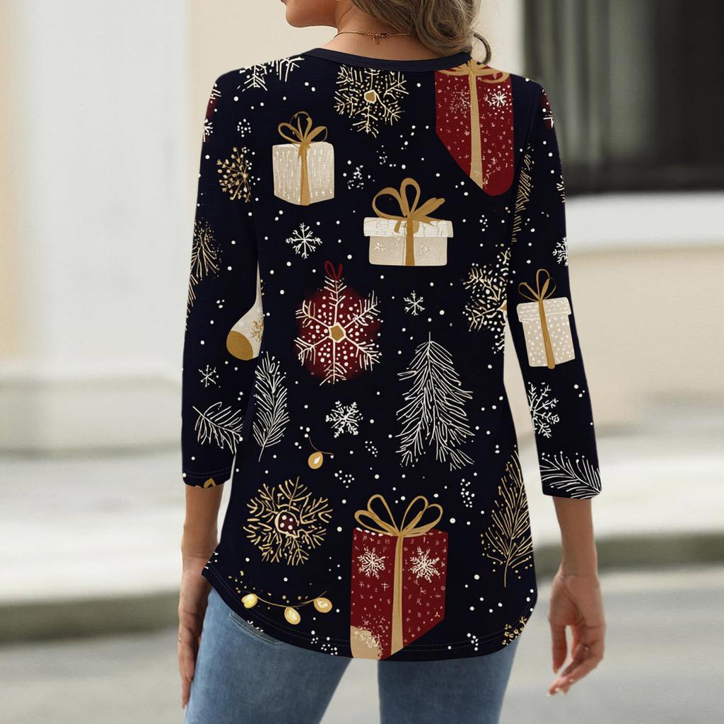 Dámské módní ležérní tričko s potiskem vánočního stromku, výstřihem do V, ozdobnými knoflíky a tříčtvrtečním rukávem
