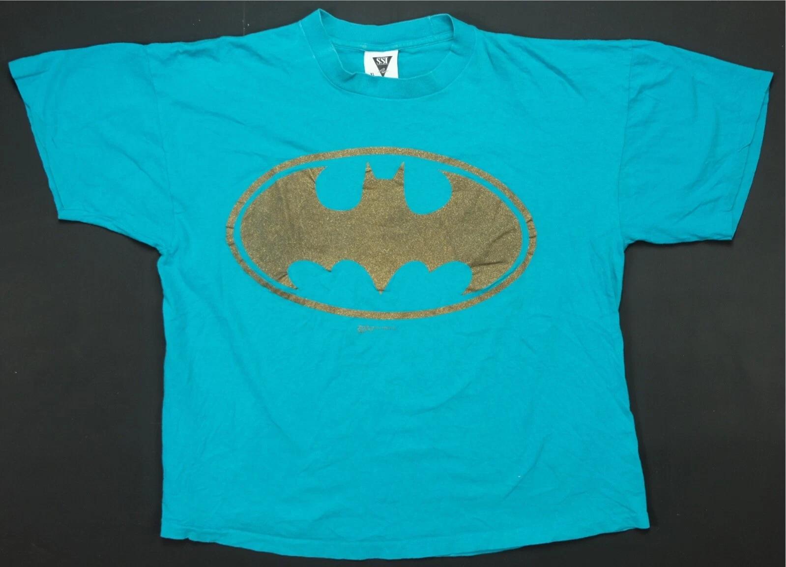 Rare Vintage SSI Batman Glitter Bat Signal Single Stitch T Shirt 90s DC Teal XL 3XL