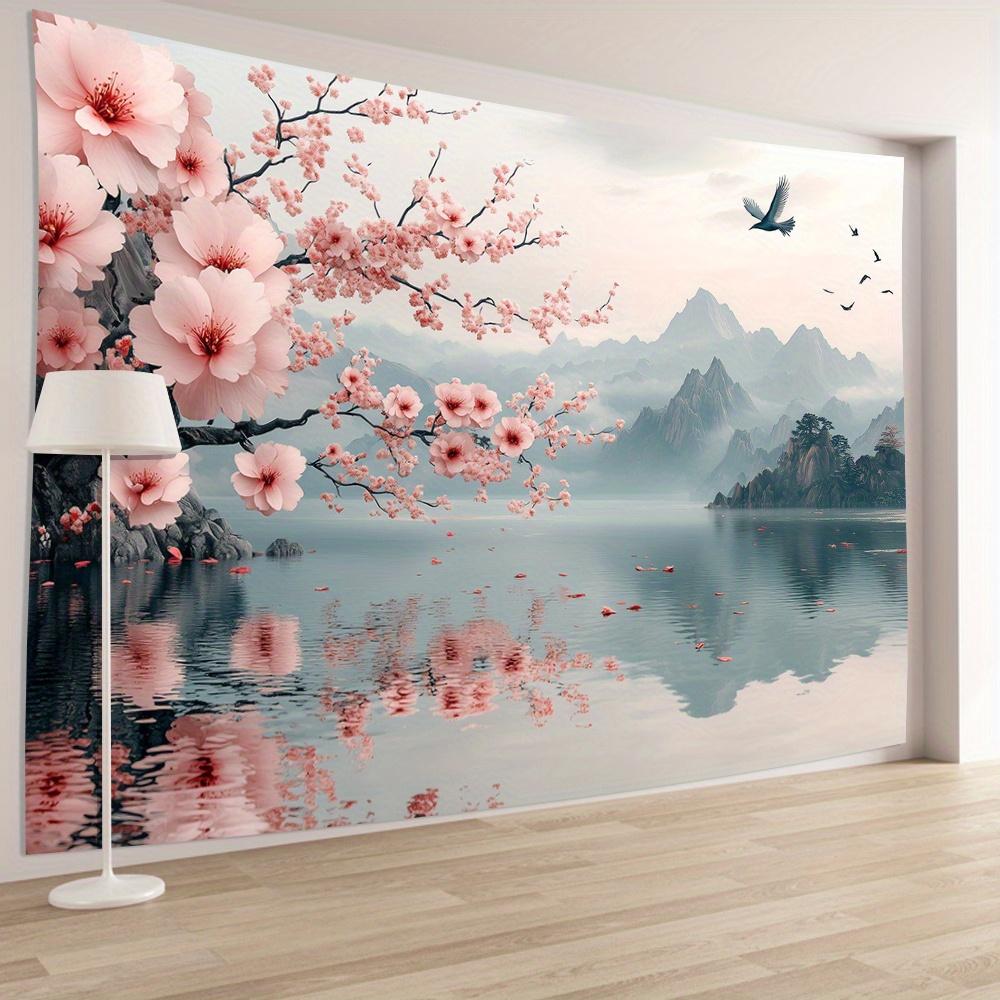 1pc Vintage 3D Cherry Blossom and Mountain Lake Tapestry- Polyester Fabric, Suitable for Living Room, Bedroom, Office Decoration