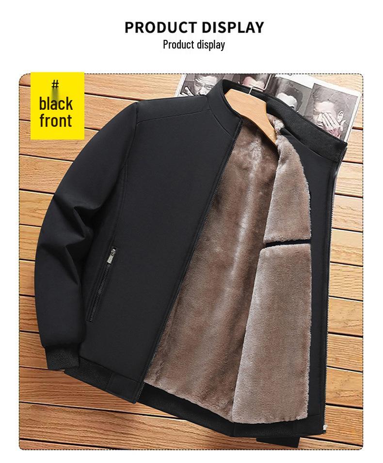 Men's Autumn/Winter Plus Velvet Jacket: Middle-Aged & Elderly, Warm Thick Stand Collar, Solid Color, Business Casual, Plus Size Outerwear.