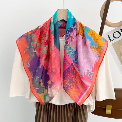 Frühlings- und Sommer Leicht und Atmungsaktiv 65 * 65 cm Quadratischer Schal Vielseitiger Bedruckter Maulbeerseide-Baumwollmischung Damen Seidenschal