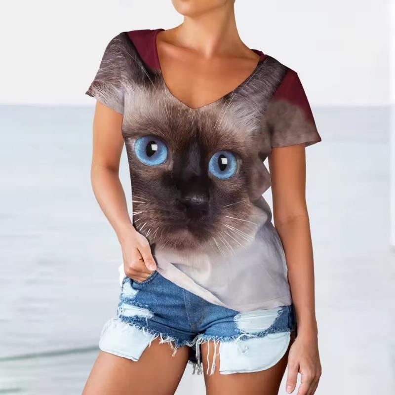 Women V-neck Short Sleeve Casual Fashion Kawaii Graphics T-shirt Oversized Female Girls Clothes 3D Funny Cats Print T Shirts