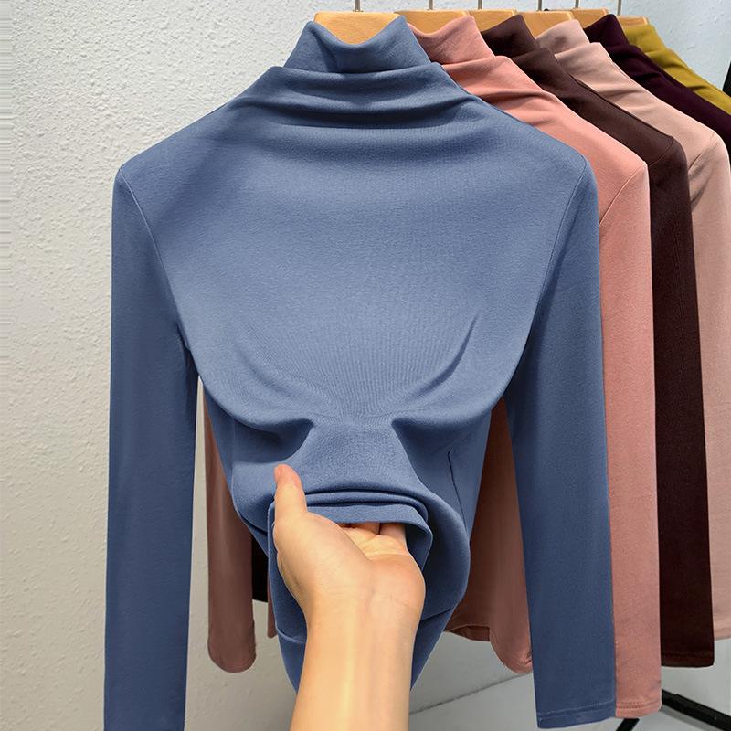 High-neck Base Shirt for Women New Women's Solid Color Simple Long-sleeved T-shirt Plus Velvet Thermal Inner Waist Top