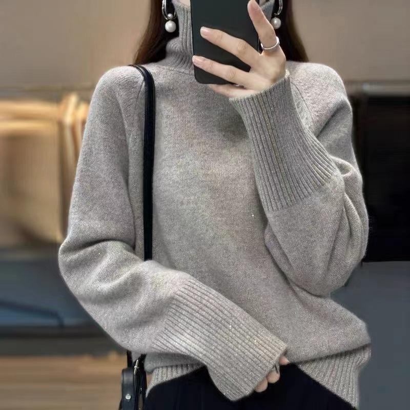 Loose sequined turtleneck thickened casual solid color sweater women's winter new base two lapel knitting