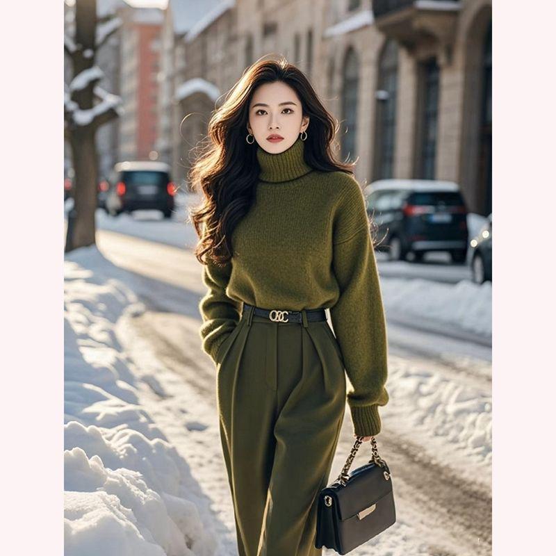 Women's 2025 Autumn/Winter High Neck Sweater & Slimming Pants Suit Set