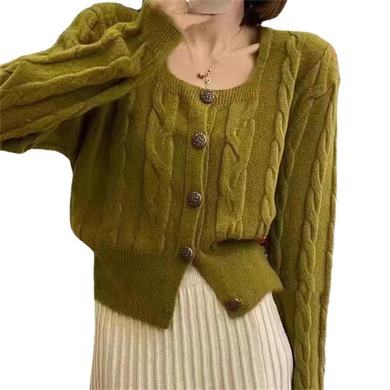 Twist square neck sweater women's loose and thin autumn new college style niche design knitted cardigan women