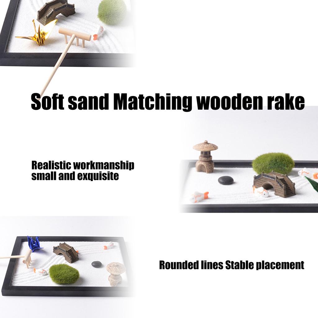 Zenes Garden Set for Desk with Rakes,Sand,Round Base,Miniature Pagoda Figure,Small Bridge Japanese Zenes Sand Garden