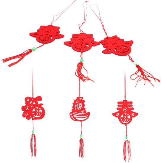 6Pcs Chinese New Year Pendant Red Felt Hanging Decor Paper-Cutting Spring Blessing Characters Tassels Pendant