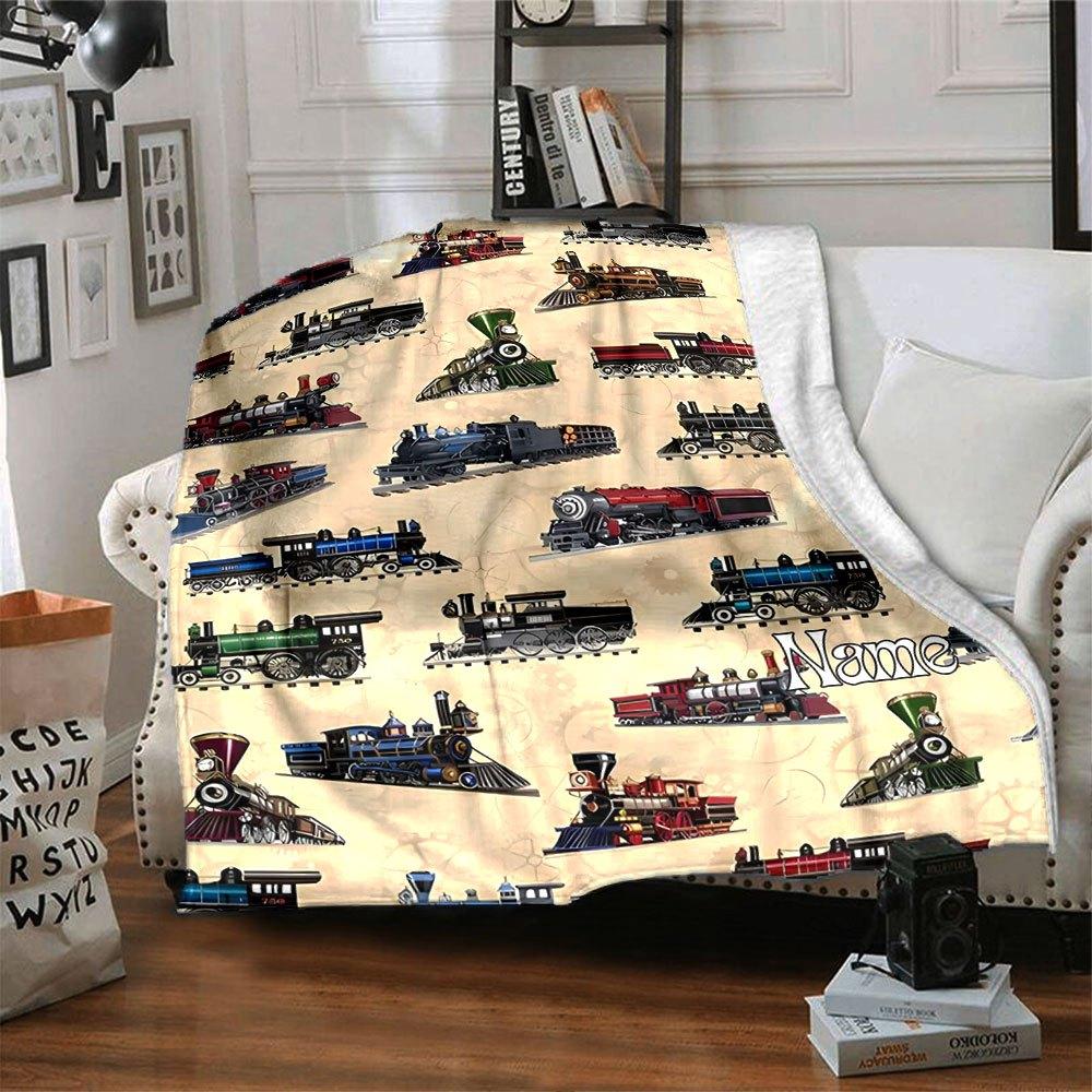 Vintage Train Print Home Customize Your Name Blankets Soft And Cozy For All Seasons Perfect For Picnics Sofa Office Bed And Living Room Ideal Gift For