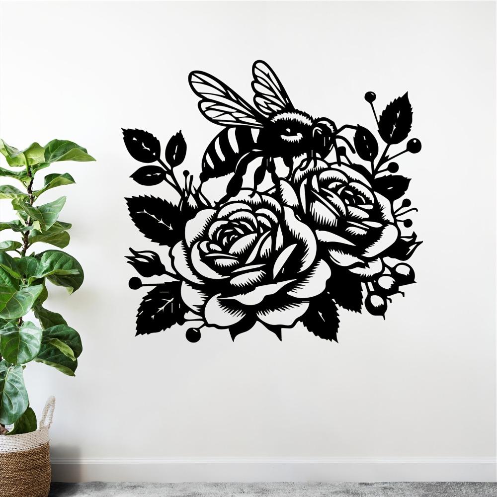 1pc Bee and Rose Metal Wall Art, Weather Resistant Iron Sculpture for Garden Patio Fence, Valentine Wedding Outdoor Decor
