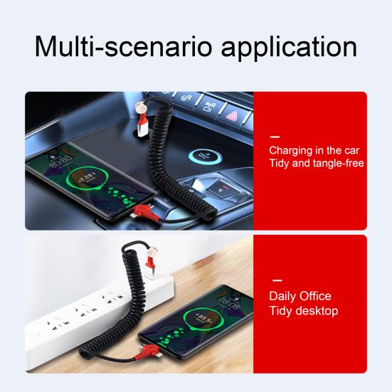 Cablu de încărcare USB 3-în-1 100W Încărcare super rapidă Retractabil în formă de T cu lumină LED Tip C/Micro USB/Cablu de date cu arc cu 8 pini