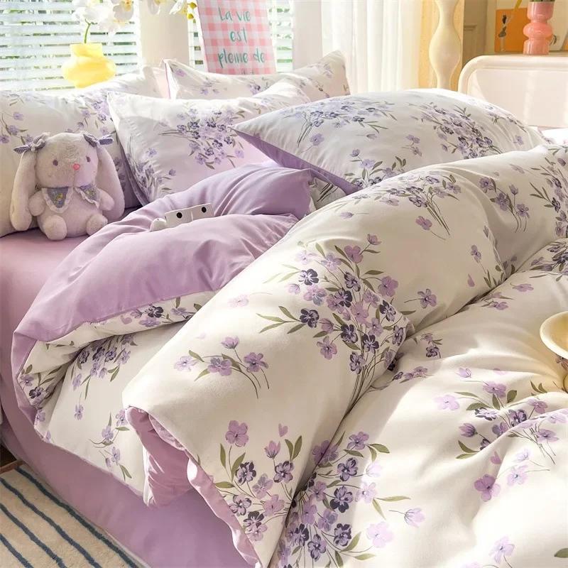 4pcs/set Plant Floral Print Set A Duvet Cover and Bed Sheet A Pair of Pillowcases Suitable for Bedroom Home Decor Bedding Sets