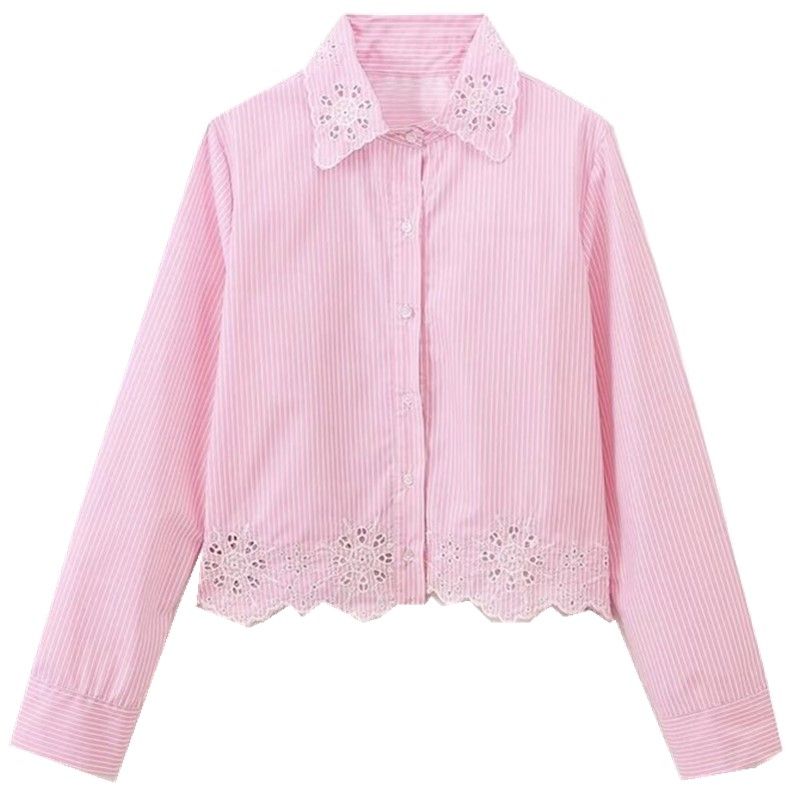 

Fashion Style 2024 Autumn New Women s Clothing Loose Versatile Hollow out Embroider Stripes Short Shirt 3564163 Pink XS