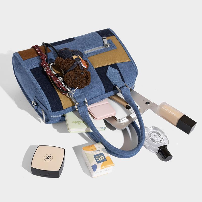 2025 New Trendy Korean Style Boston Bag for Women Fashion Denim Color Block Single Shoulder Crossbody Commuter Tote Bag