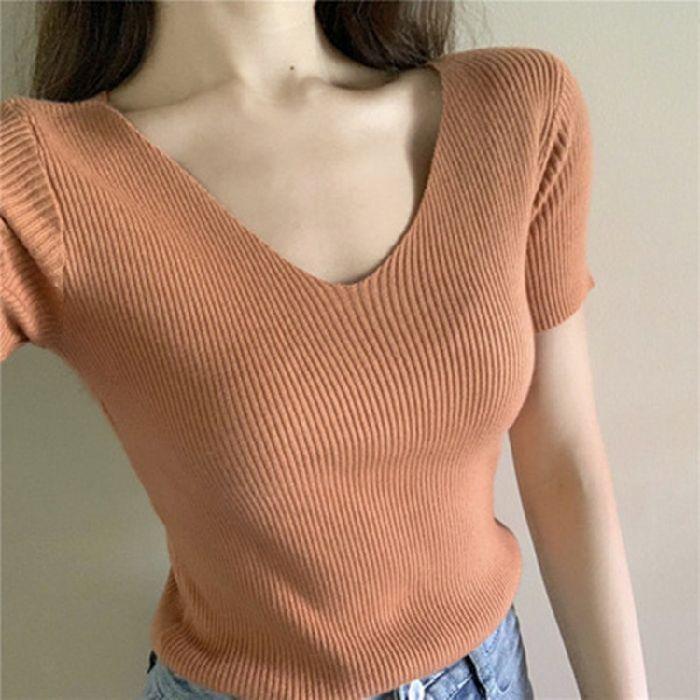 V-neck knitted sweater women's summer ice silk T-shirt new short-sleeved bottoming shirt women's slim top