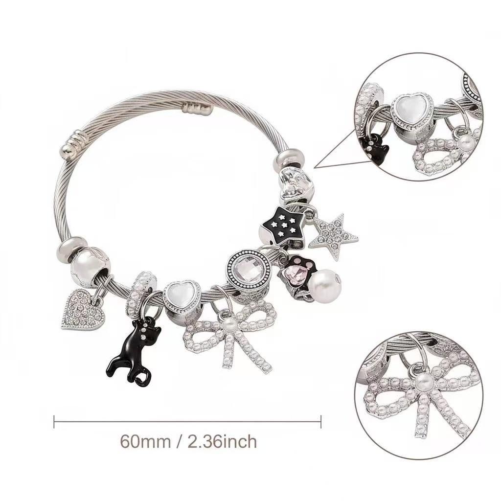 Stainless Steel Cat Bowknot Star Charm Bracelet For Fashion Casual Wear