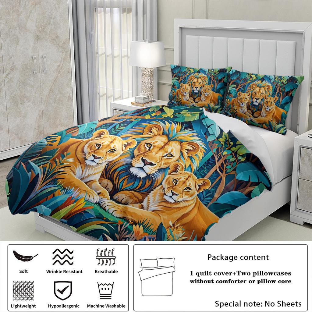 3pcs Lion Family Pattern Bedding Set, 1*duvet Cover+2*pillowcase, for Single Bed, Teenagers and Adults Bedroom, Home Decoration