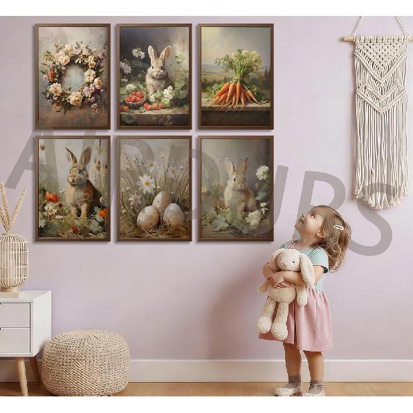 6Pcs Retro Bunny Easter Canvas Wall Art Easter Eggs Wreath Posters Prints Paintings Rustic Countryside farmhouse Pictures Wall Decor for Living Room