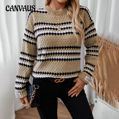 Herbst und Winter Damen Übergröße Strickpullover Rundhals Pullover Chenille Streifen Farbblock Pullover