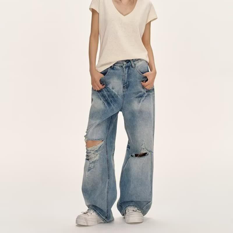 Mens Distressed Wide Leg Denim Pants Vintage Washed Loose Fit Straight Cut Casual Jeans