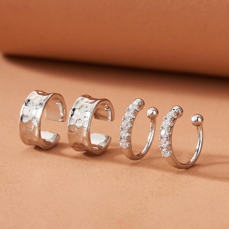 2Pcs/Set Fashion Silver Color Crystal Clip Earrings for Women Girls Minimalist Metal C-Shaped Fake Piercing Ear Cuff Ear Jewelry