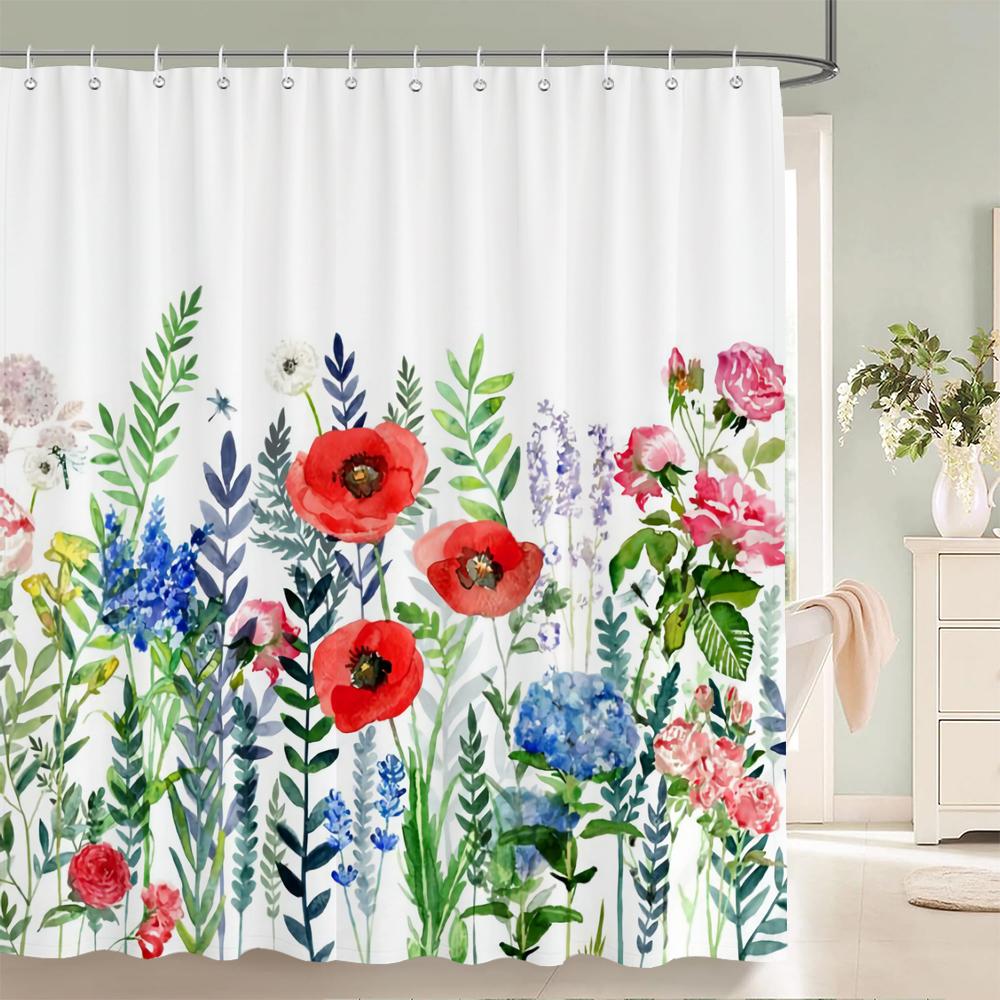 Plum Blossom Flower Leaves Shower Curtain Watercolor Plant Floral Pattern Waterproof Polyester Bathroom Curtain Decor With Hooks