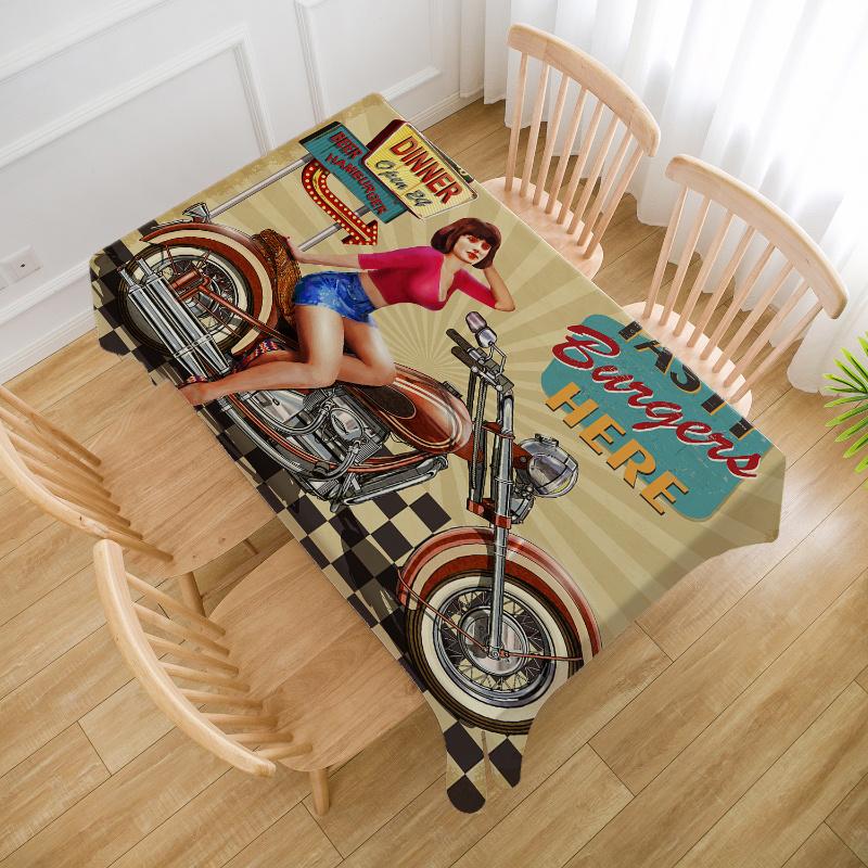 One vintage-style tablecloth with a Pin-Up motorcycle design.PMJ